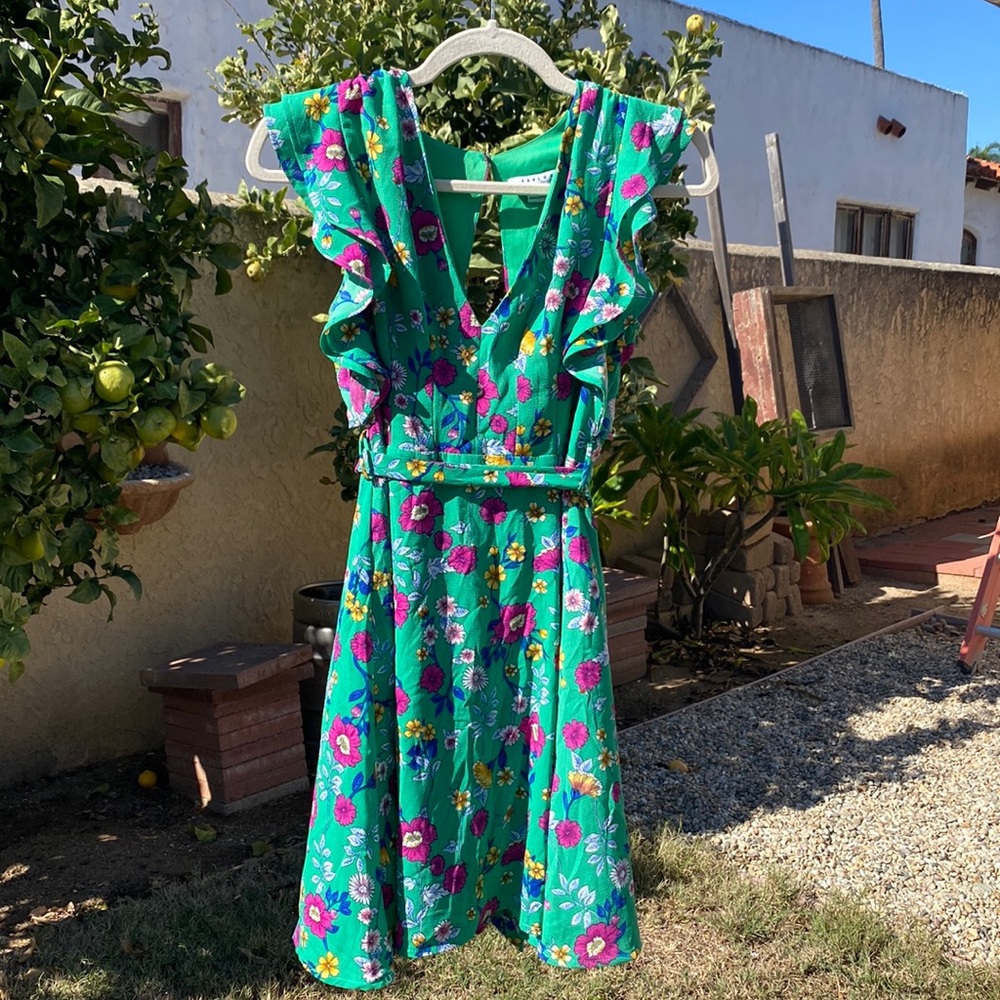 FAVLUX fashion green floral dress with ruffle sleeve, size S